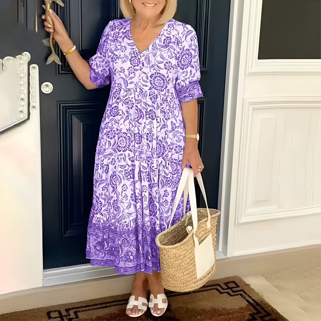 Valeria | Elegant V-Neck Floral Maxi Dress | Purple / S (8-10) | Toronty Ottawa