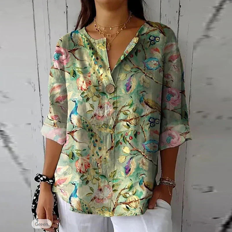 Leah – Soft Floral Retro Blouse | Green / S | Toronty Ottawa
