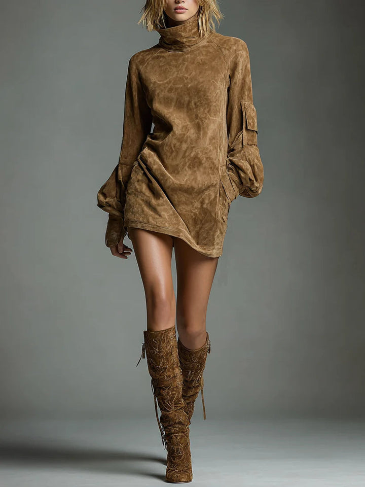 Storm | Loose Suede Turtleneck Mini Dress