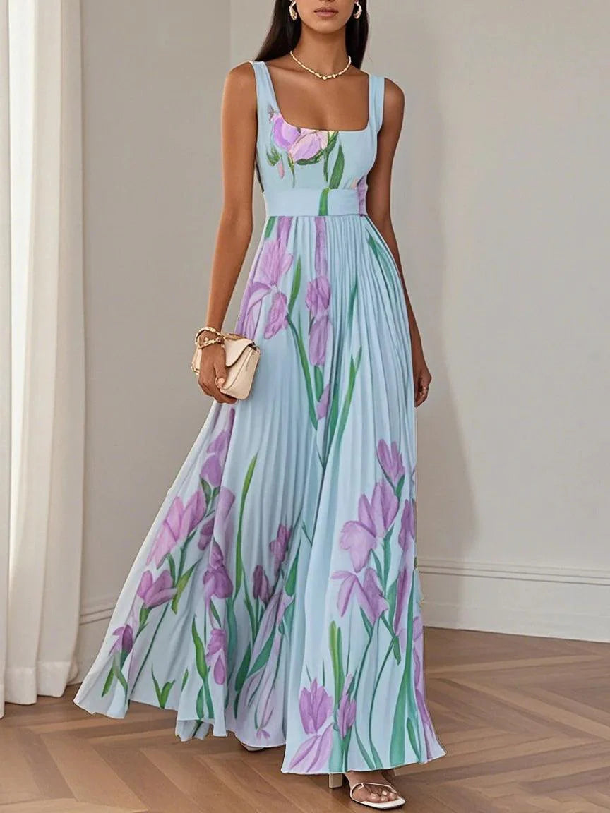 Seraphina | White Pleated Floral Chiffon Maxi Dress | Blue / XS | Toronty Ottawa
