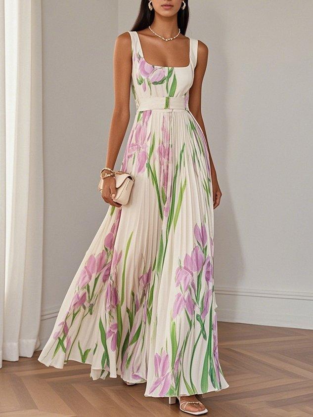 Seraphina | White Pleated Floral Chiffon Maxi Dress | White / XS | Toronty Ottawa