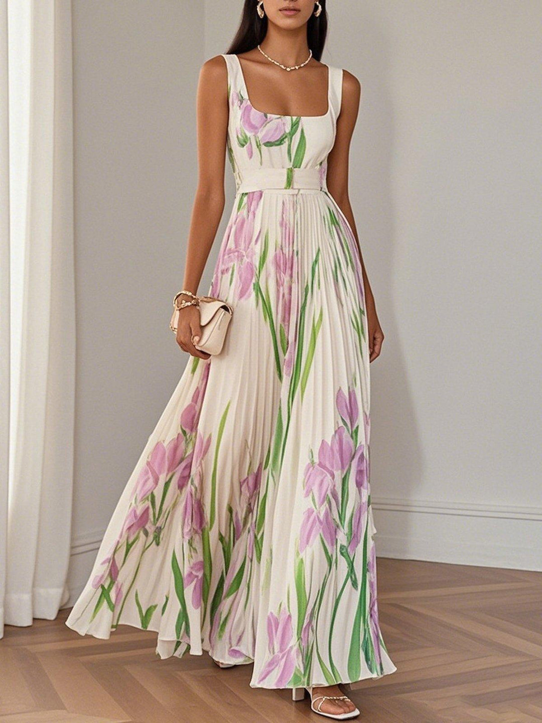 Seraphina | White Pleated Floral Chiffon Maxi Dress | White / XS | Toronty Ottawa