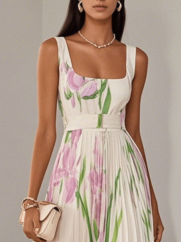 Seraphina | White Pleated Floral Chiffon Maxi Dress | White / XS | Toronty Ottawa
