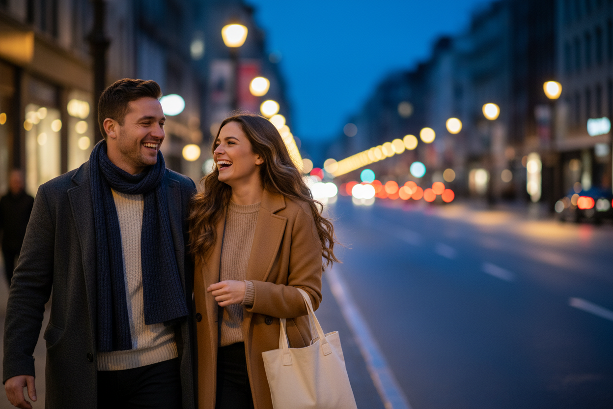“City Night, Warm Streetlights”

Placement: Couple on left third, walking toward camera, laughing. Keep center-right 40% clean for text.

Wardrobe:

Him: charcoal coat, ribbed knit, scarf tucked.

Her: camel coat, soft knit, hair down.

Zero loud logos, no glossy vinyl near the headline.

Props: 1 soft tote at thigh level, not in text zone.

Lighting: Blue hour into night. Practical streetlights, add a subtle hair-light if possible.
