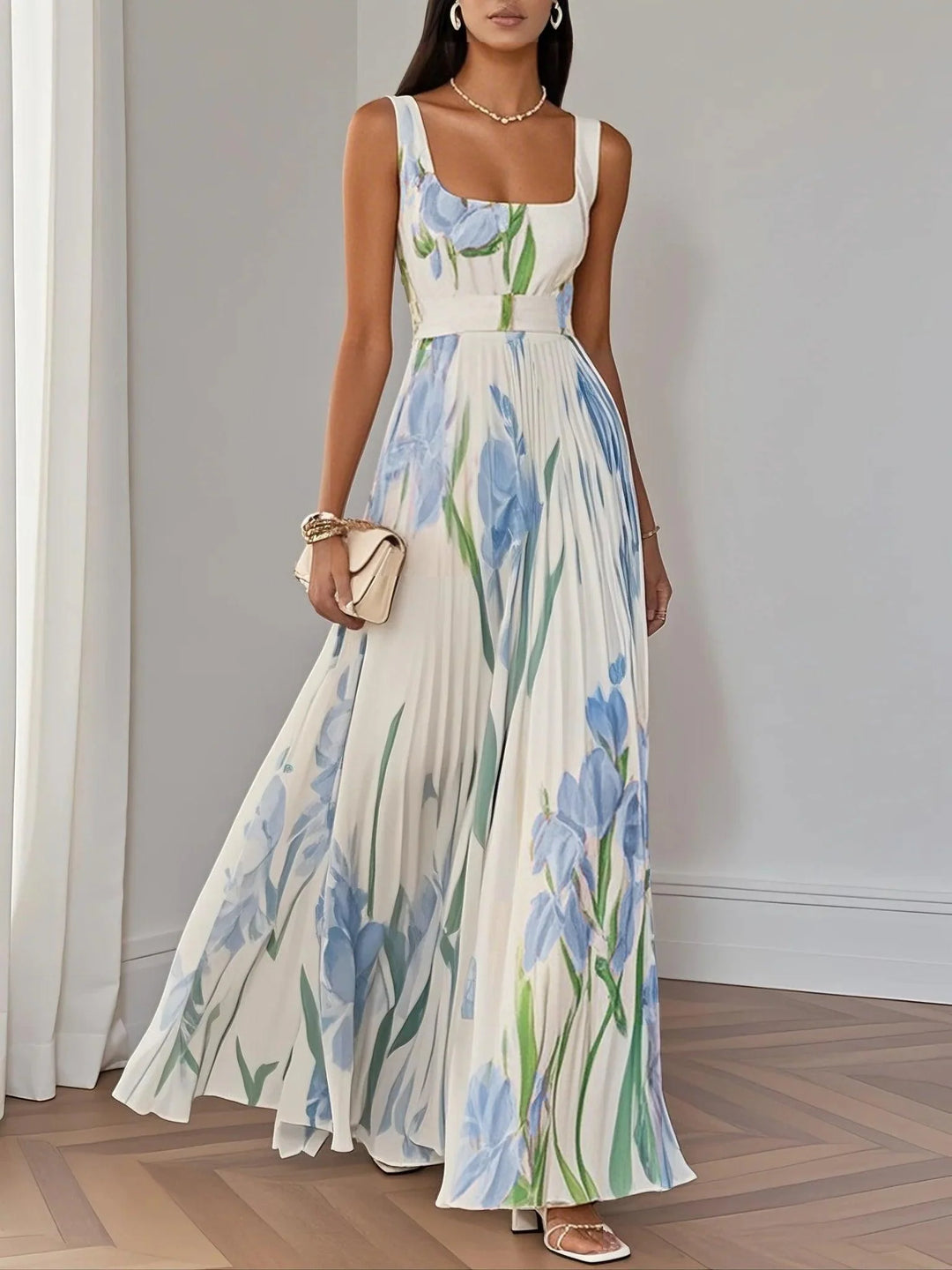Seraphina | White Pleated Floral Chiffon Maxi Dress | Light Blue / XS | Toronty Ottawa