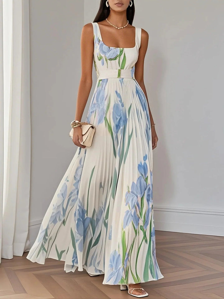 Seraphina | White Pleated Floral Chiffon Maxi Dress | Light Blue / XS | Toronty Ottawa
